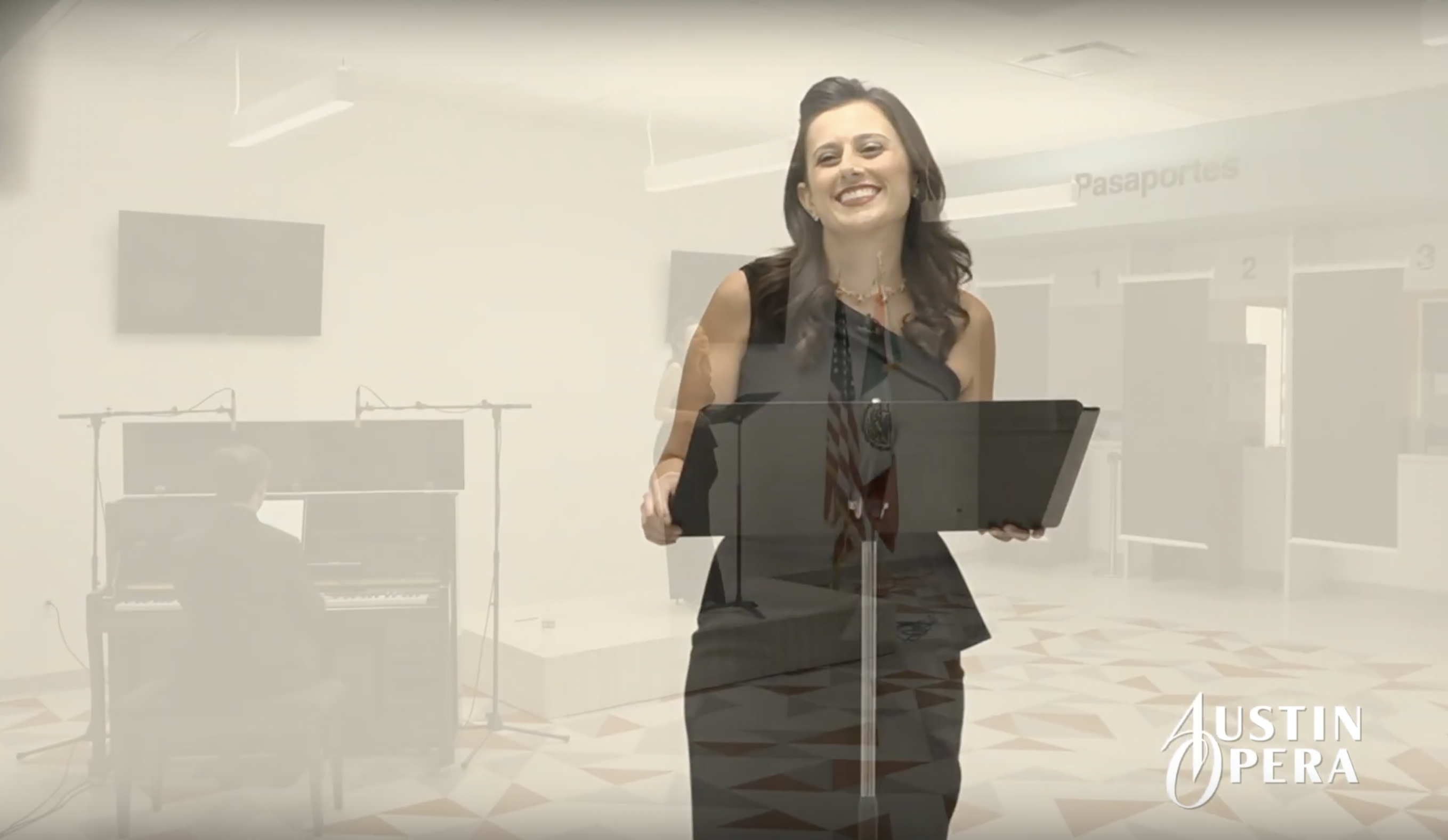 Soprano Megan Pachecano smiling while sings with Austin Opera for their Concerts at the Consulate series.